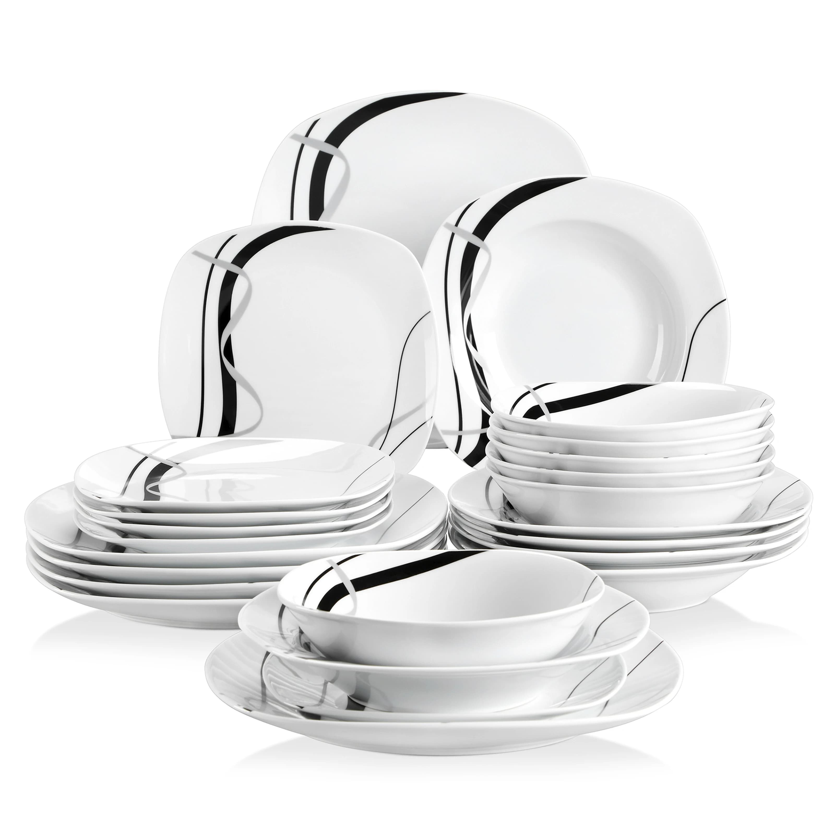 VEWEET 24/48 pièces assiette noire en céramique ensemble combiné vaisselle en porcelaine ensemble de bols/assiettes à dessert/assiettes à