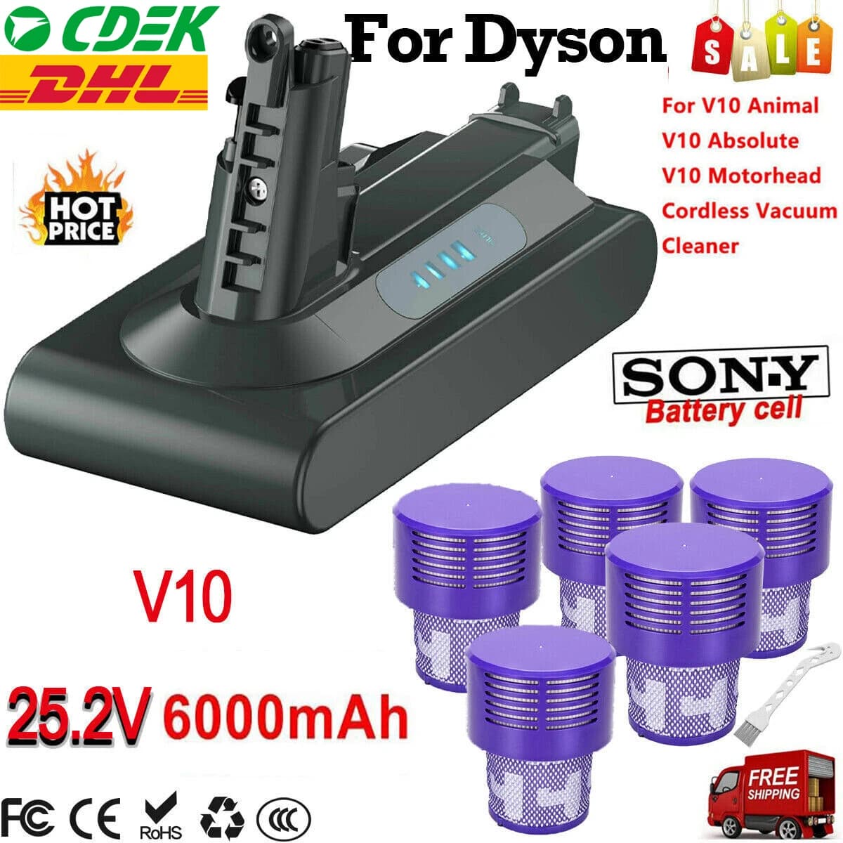 Batterie pour Dyson V10 SV12,pour Dyson Cyclone Batterie de Remplacement 25.2V V10 Animal V10 Absolute V10 Fluffy V10 Motörhead V10 Total Clean Dyson