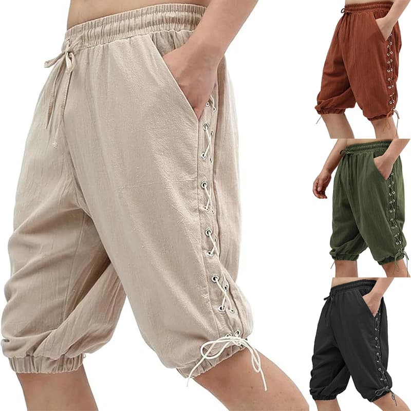 Shorts de pirate pour homme, style Renaissance médiéval vintage, avec lacets, pantalon de costume de Viking Navigateur pour Halloween