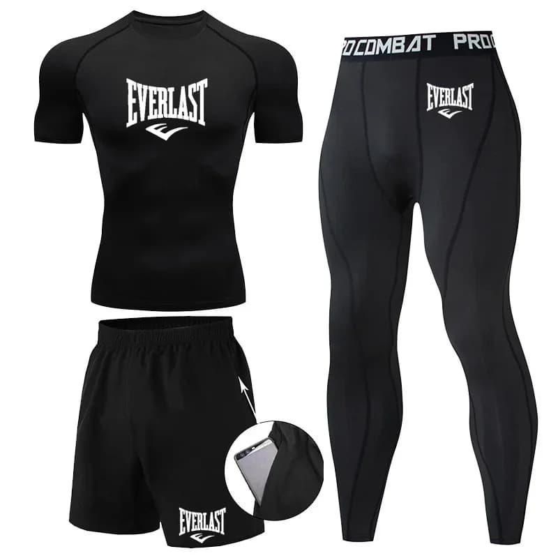 EVER/LAST noir hommes costumes chemises de Compression Leggings élasticité Fitness gymnase course respirant séchage rapide Rashguard hommes