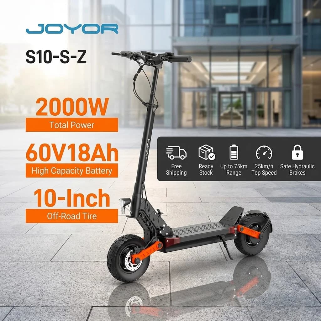 Trottinette électrique JOYOR S10-S-Z, 2000W, double moteur, batterie 60V18AH, pneus tout-terrain de 10 pouces, pliable, pour la ville