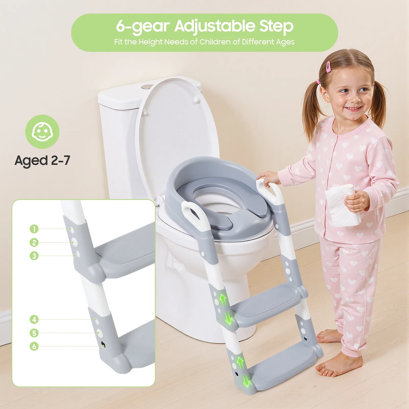Siège d'apprentissage de la propreté pliable pour enfants avec marchepied, siège de toilette réglable à 6 niveaux pour tout-petits avec pédales