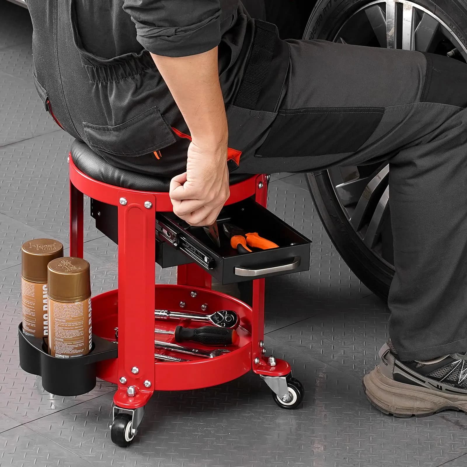 Tabouret de mécanicien roulant rembourré à hauteur fixe, charge maximale 136 kg, avec plateau à outils et 2 tiroirs de rangement, siège de