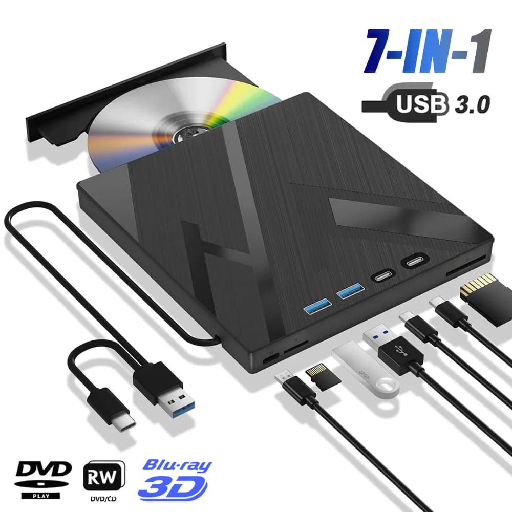 Lecteur optique Bluray externe 7 en 1 pour ordinateur Portable USB 3.0 type-c BD DVD lecteur CD-RW graveur Portable avec emplacement pour carte SD/TF