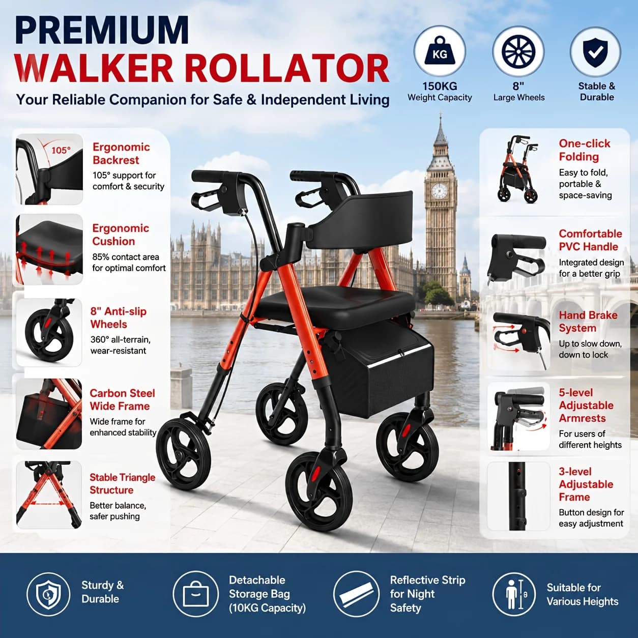 Déambulateur pour personnes âgées MaiDeSiTe, déambulateur pliable avec siège, déambulateur en acier durable et grandes roues de 8 pouces