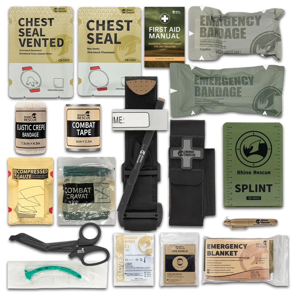 Kit de traumatologie de sauvetage Rhino, kit médical d'équipement de survie Combat, tactique pour les premiers secours d'urgence, fournitures de