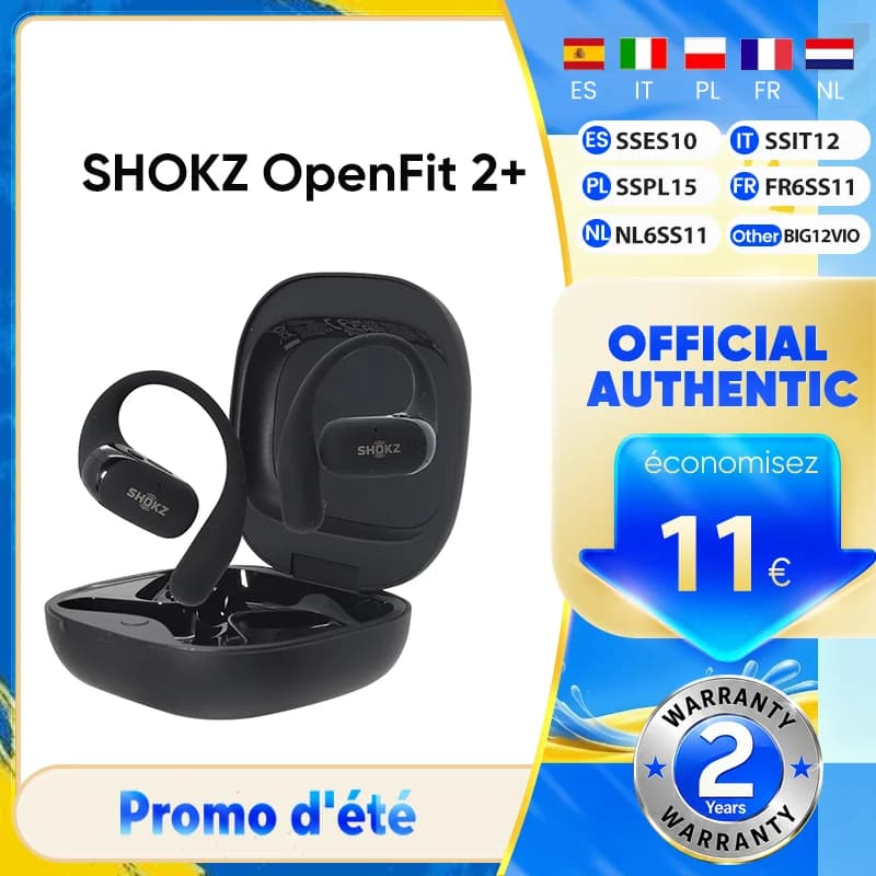 Casque audio ouvert SHOKZ OpenFit 2+ T921 avec Dolby Audio, Bluetooth 5.4 sans fil, micro intégré, autonomie de 48h, IP55, charge rapide