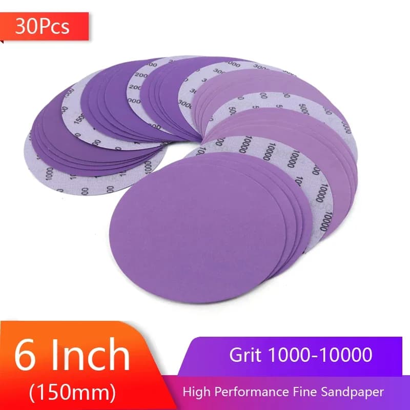 30 pièces 6 pouces disques de ponçage à crochet et boucle grain 1000-10000 papier de verre fin oxyde d'aluminium sec et humide pour la finition de