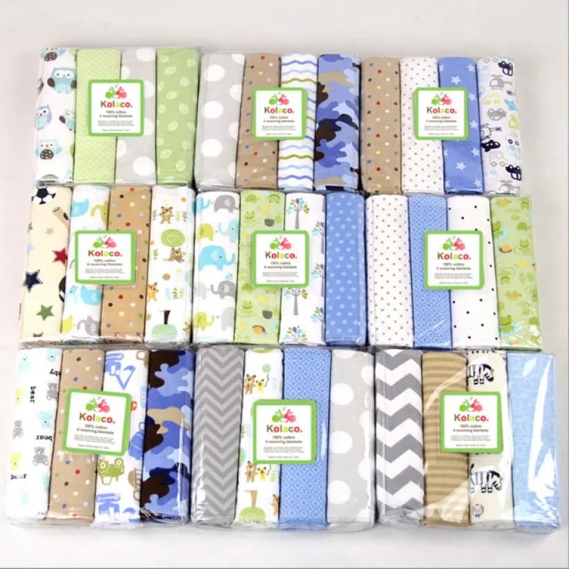 Drap de lit en flanelle de coton imprimé pour nouveau-né, couverture enveloppée pour bébé, couverture d'emmaillotage monocouche, 4 pièces