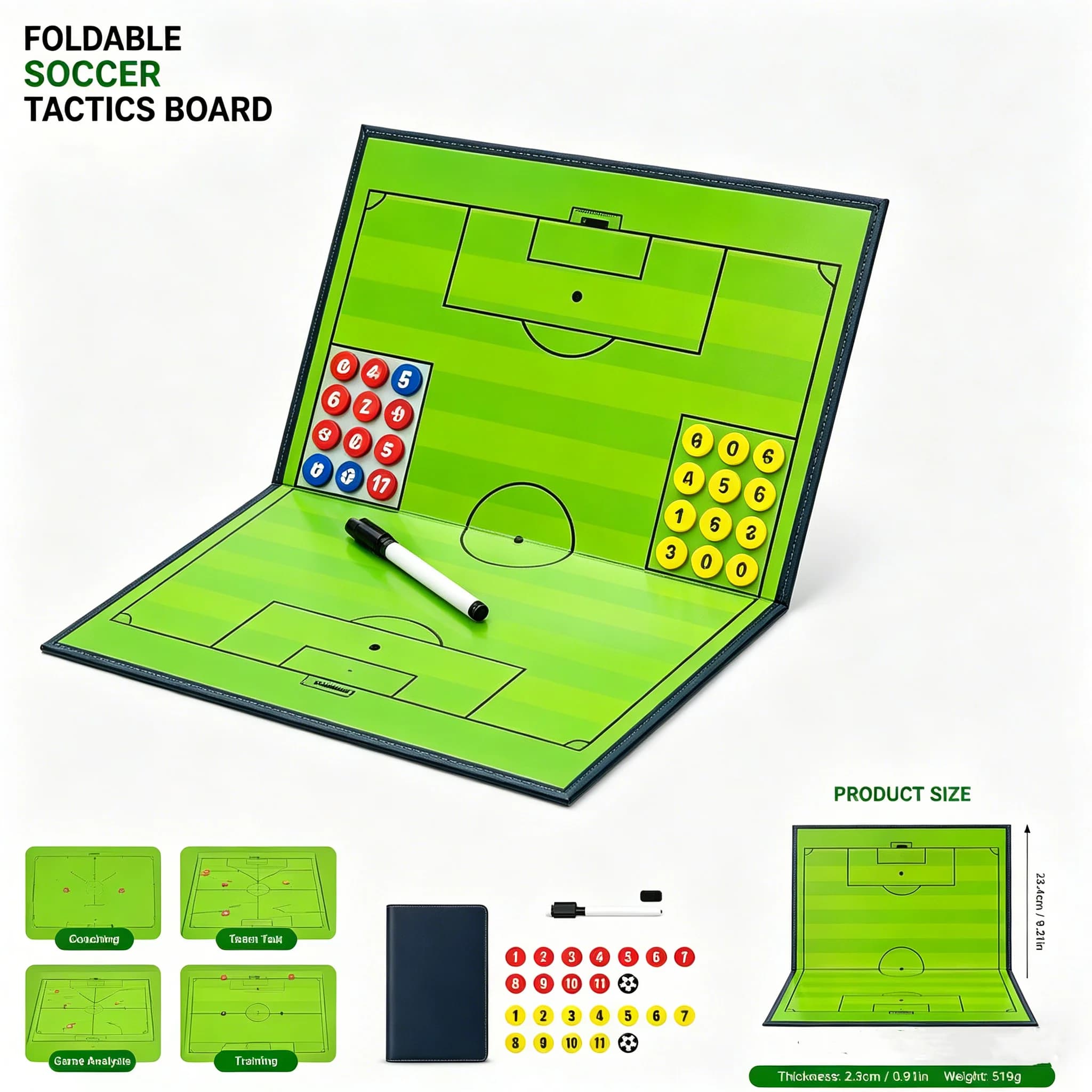Tableau tactique de football magnétique, tableau d'entraînement de football pliable avec aimants et stylo, tableau de stratégie portable pour