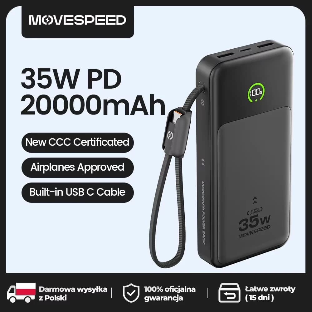【CCC】MOVESPEED P20 Power Bank 20000mAh 35W PD Powerbank à charge rapide, batterie LFP, chargeur externe pour iPhone Xiaomi Samsung