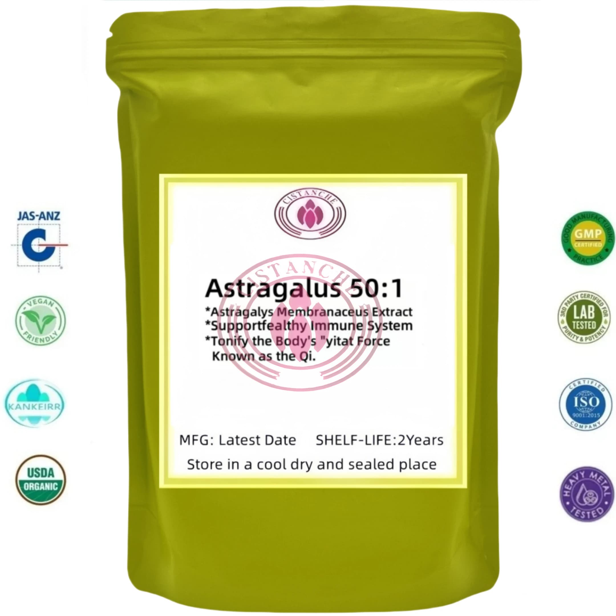 Sac en aluminium personnalisé pour poudre d'extrait de racine d'astragale Huang Qi 50:1, sac en plastique à double pont pour distributeurs globaux