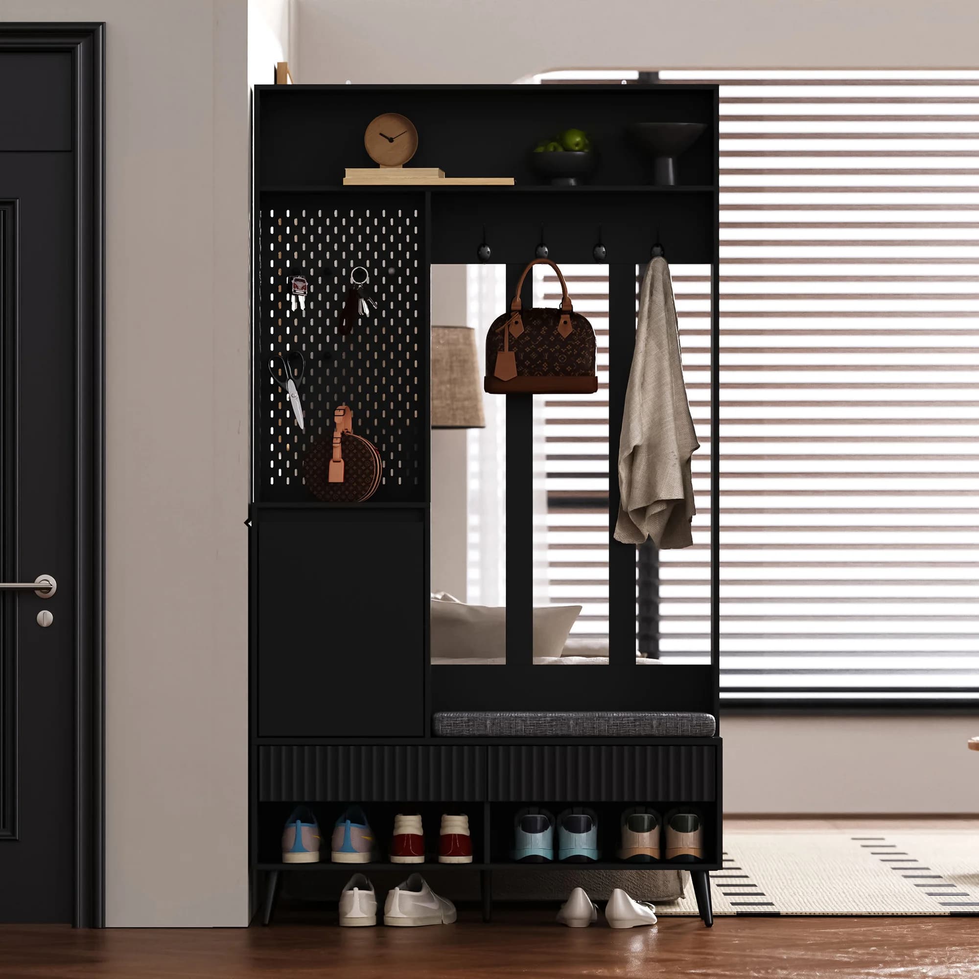 Meuble d'entrée : banc, 2 tiroirs, 1 porte, 4 crochets, surélevé, rangement quotidien, MDF - noir