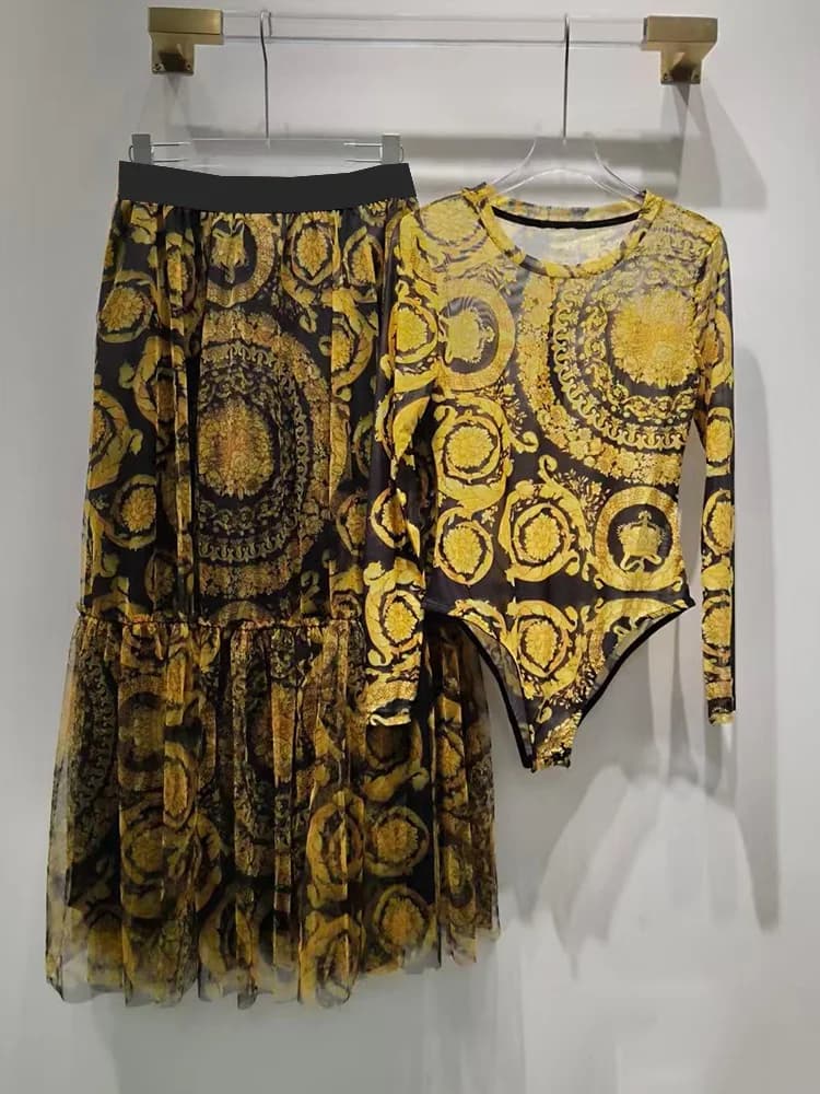 Ensemble deux pièces tricoté en maille à imprimé géométrique rétro pour femme, collection printemps 2026 + ensemble jupe plissée ample