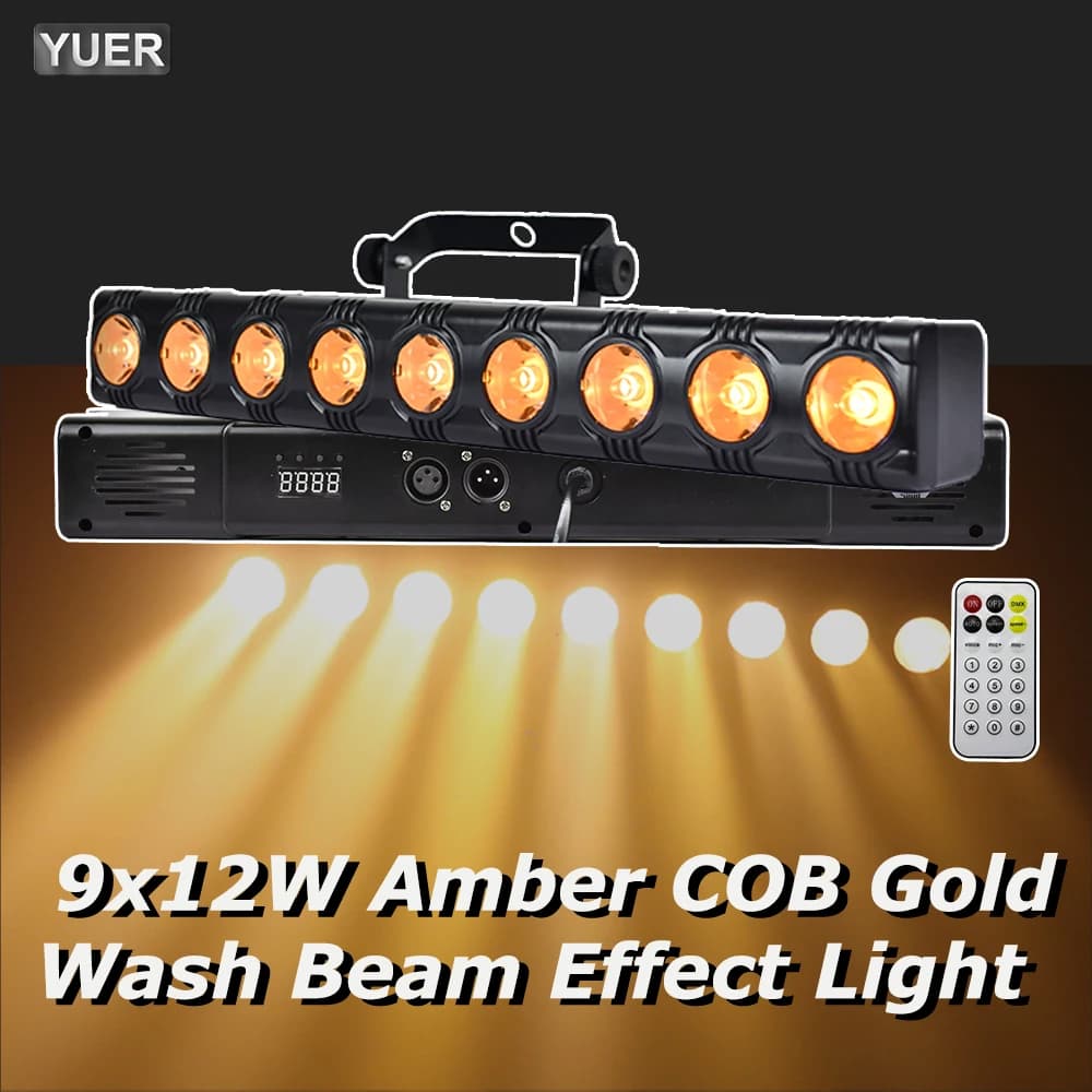 Barre lumineuse LED à effet de lavage avec télécommande, éclairage de scène, stroboscope de course de chevaux, faisceau doré, ambre, 9x12W, COB,