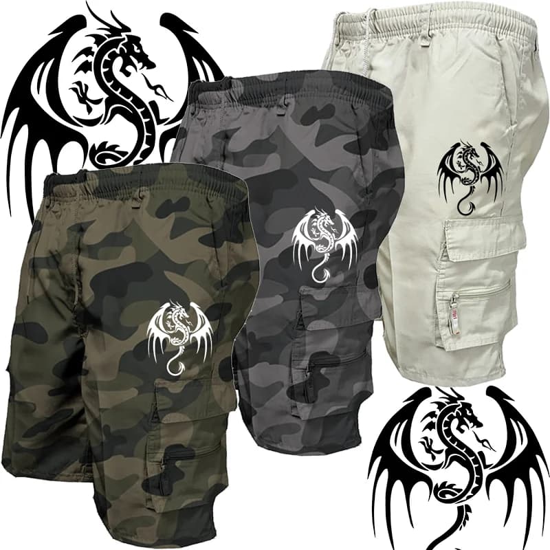 Short de plage multi-poches pour homme, short décontracté d'été, short de travail imprimé dragon occidental drôle