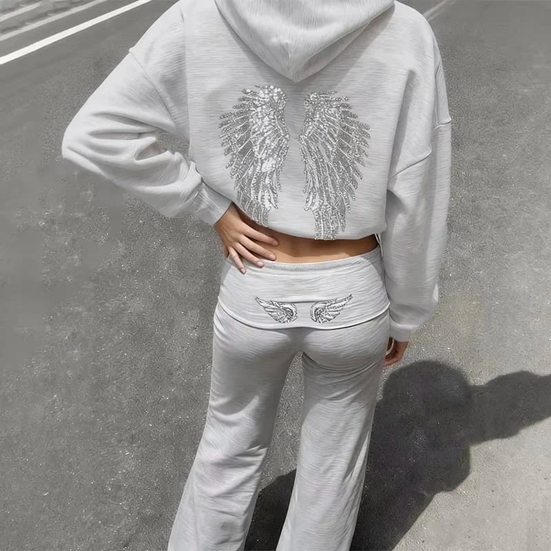 Ensemble 2 pièces sweat à capuche et pantalon pour femme, printemps-automne, imprimé ailes brillantes vintage, manches longues, fermeture éclair,