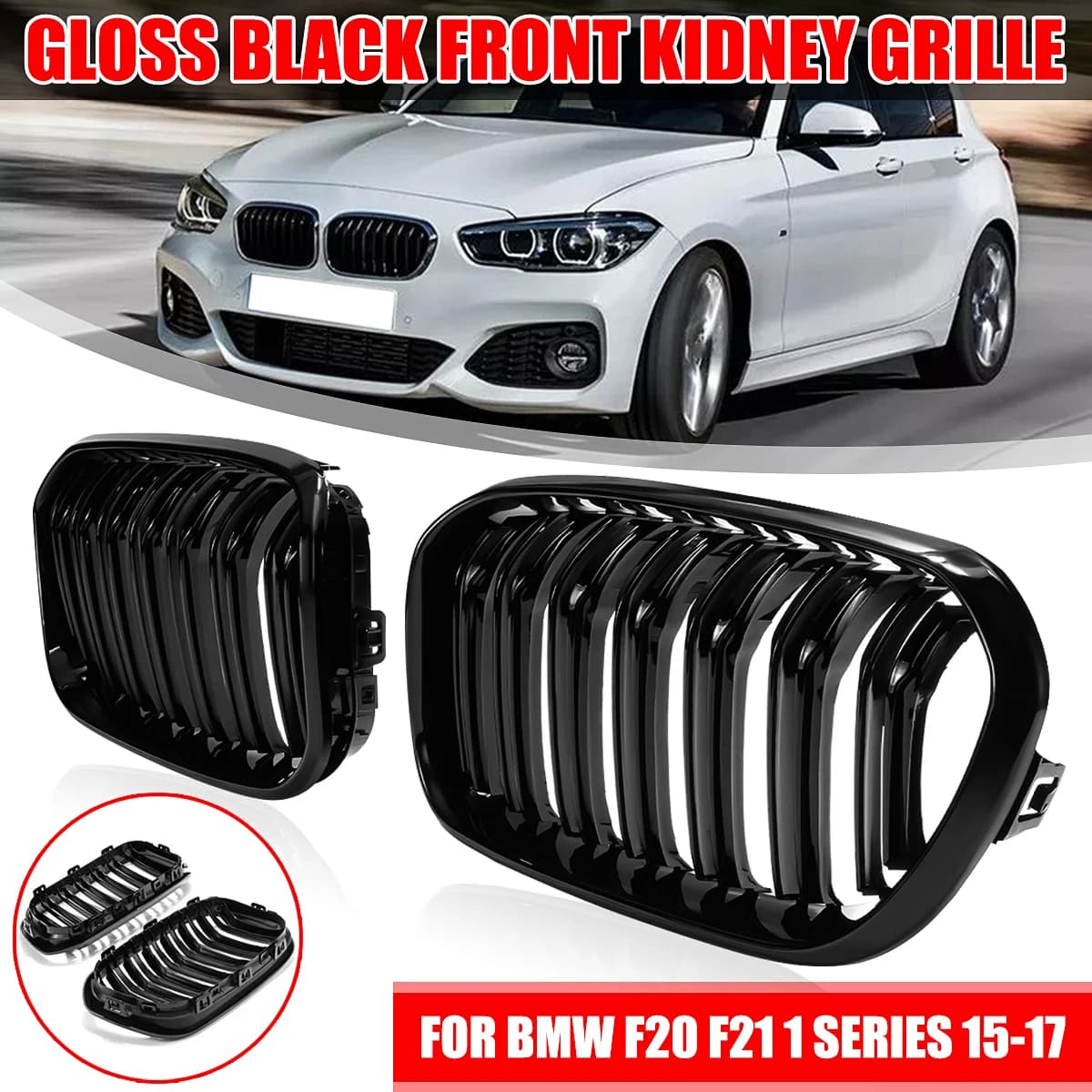 2015-2017 Grille de course pour BMW F20 F21 120i LCI 1 série 2015 2016 2017 Grille de rein avant noir brillant 2 lattes