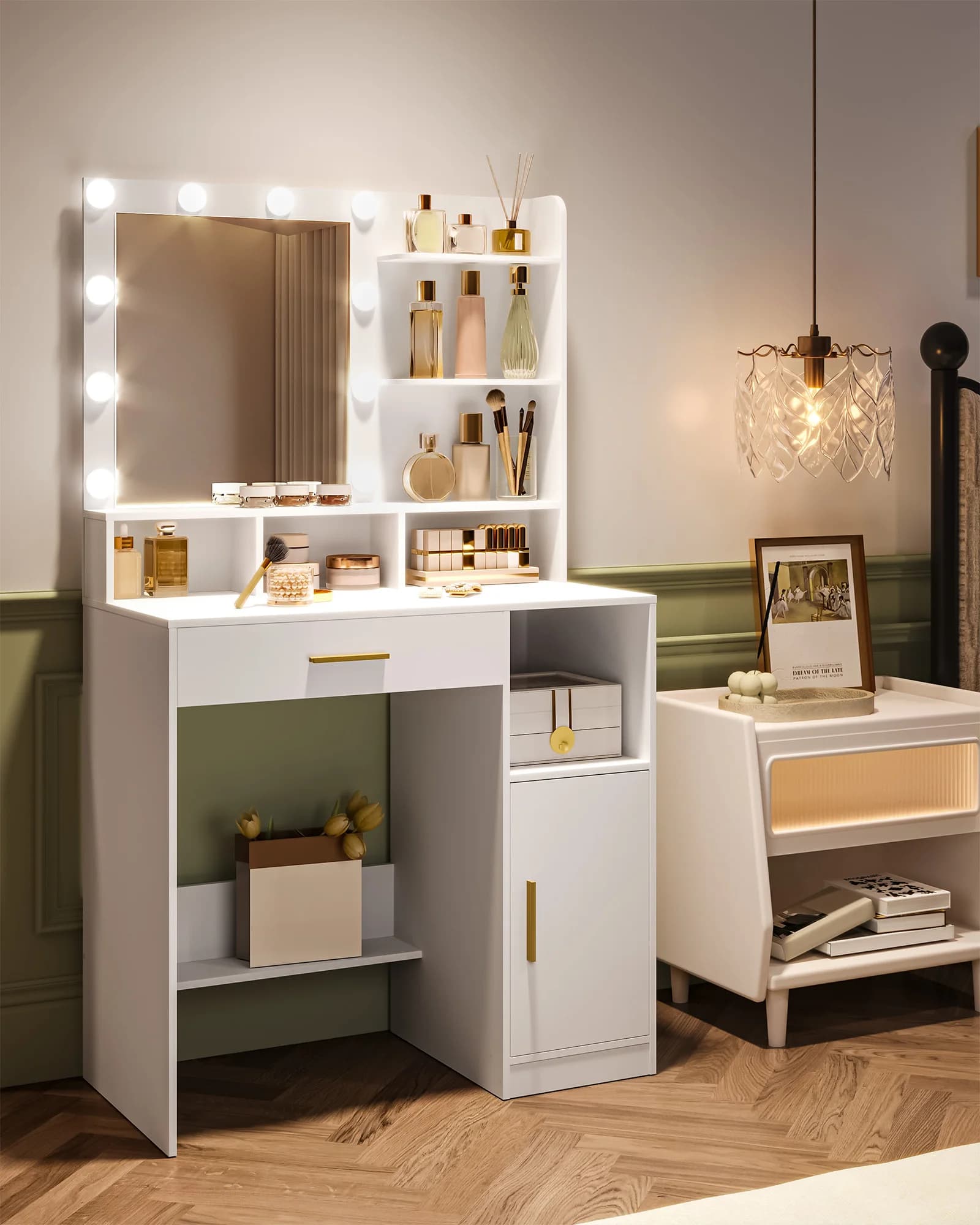 Hzuaneri Coiffeuse avec miroir et 10 lumières LED, meuble de coiffeuse avec 3 étagères et 4 compartiments ouverts, avec grand tiroir