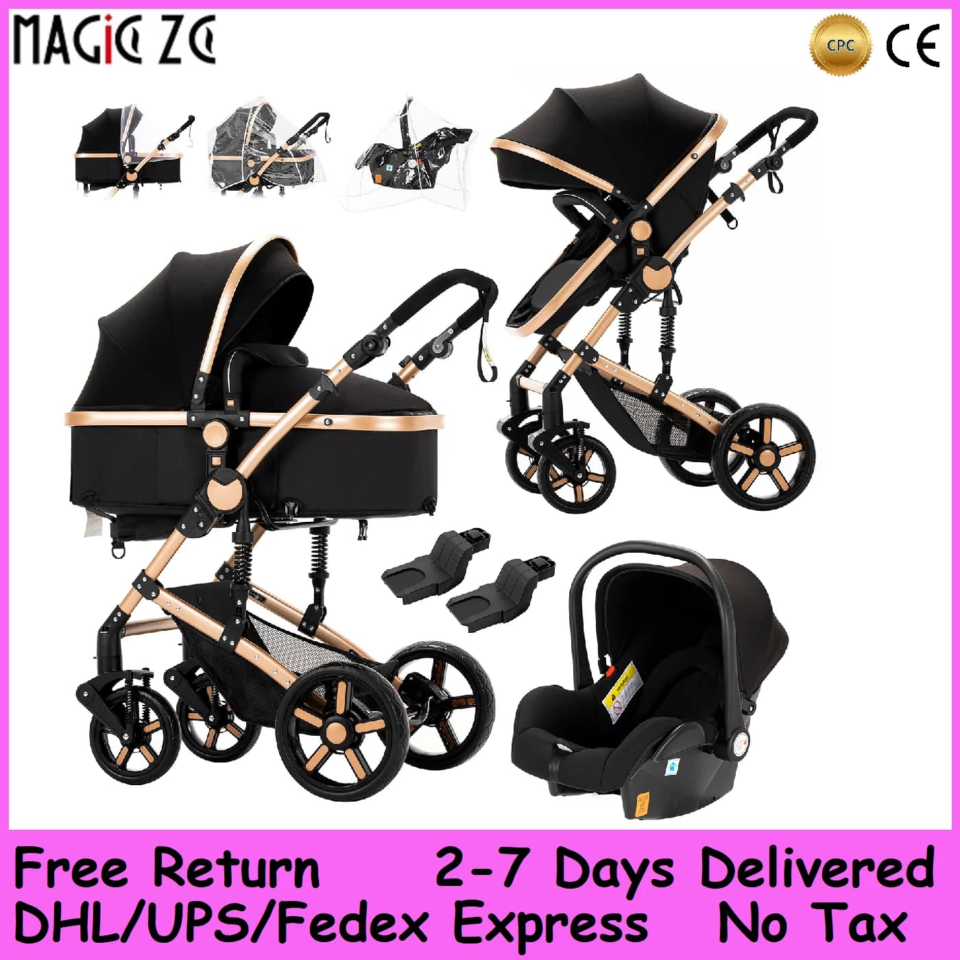 Poussette bébé multifonction 3 en 1, avec siège auto et panier de couchage, landau léger pour bébé, landau pliable et Compact