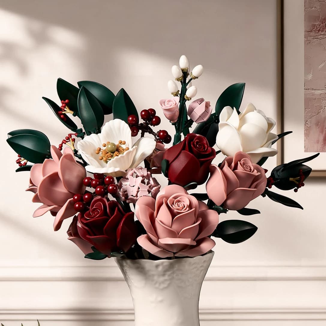 Bouquet de roses roses en blocs de construction, collection botanique, jouets, décoration moderne pour la maison, cadeaux de la Saint-Valentin pour