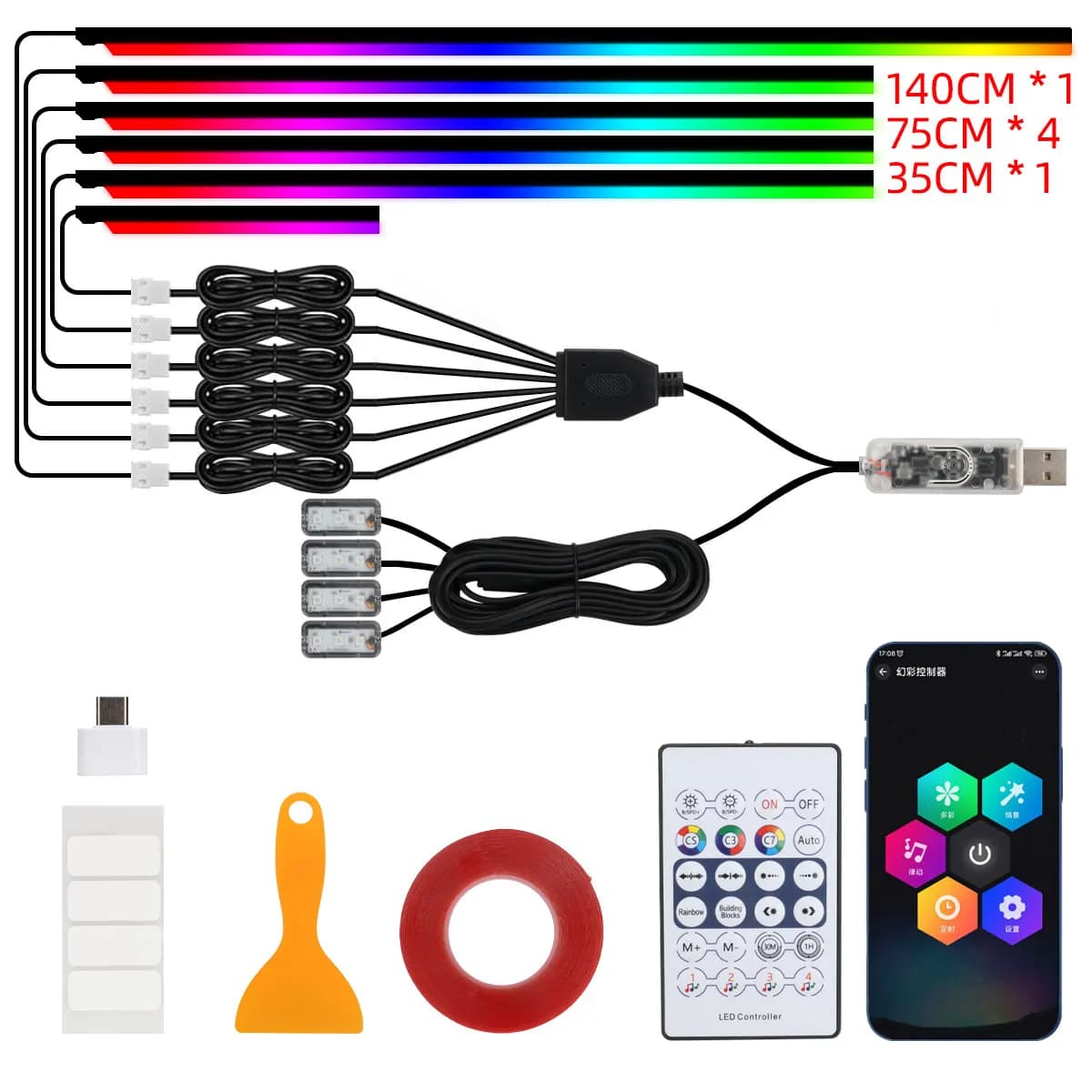 Bande lumineuse LED en acrylique pour voiture 10 en 1, symphonie RGB, bande lumineuse intérieure automobile, télécommande/APP, lampe d'ambiance