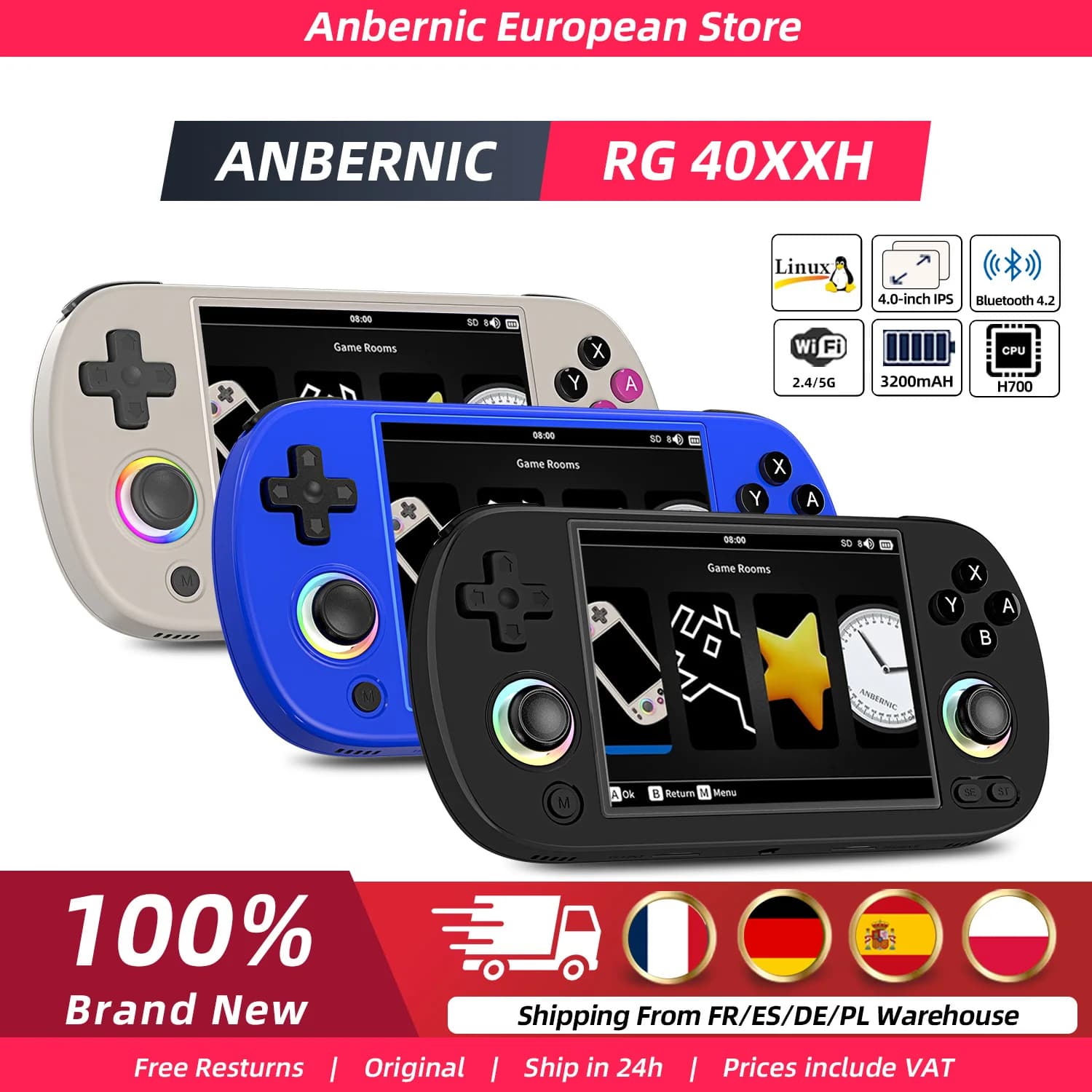 Anbernic RG40XX H Console de jeu portable 4,0 pouces RG40XXH lecteur de jeu rétro 64G préchargé plus de 5000 jeux système Linux portable 64 bits