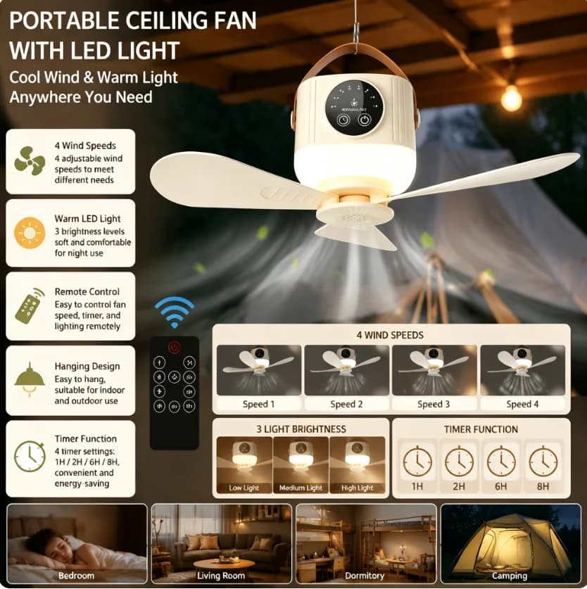 Nouveau ventilateur de plafond portable rechargeable 2026, ventilateur suspendu sans fil USB pour dortoir d'étudiant, lit, camping en extérieur