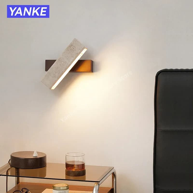 Wabi Sabi – applique murale rotative en pierre de grotte, lampe de chevet pour chambre à coucher, Base en bois, applique murale en pierre travertin