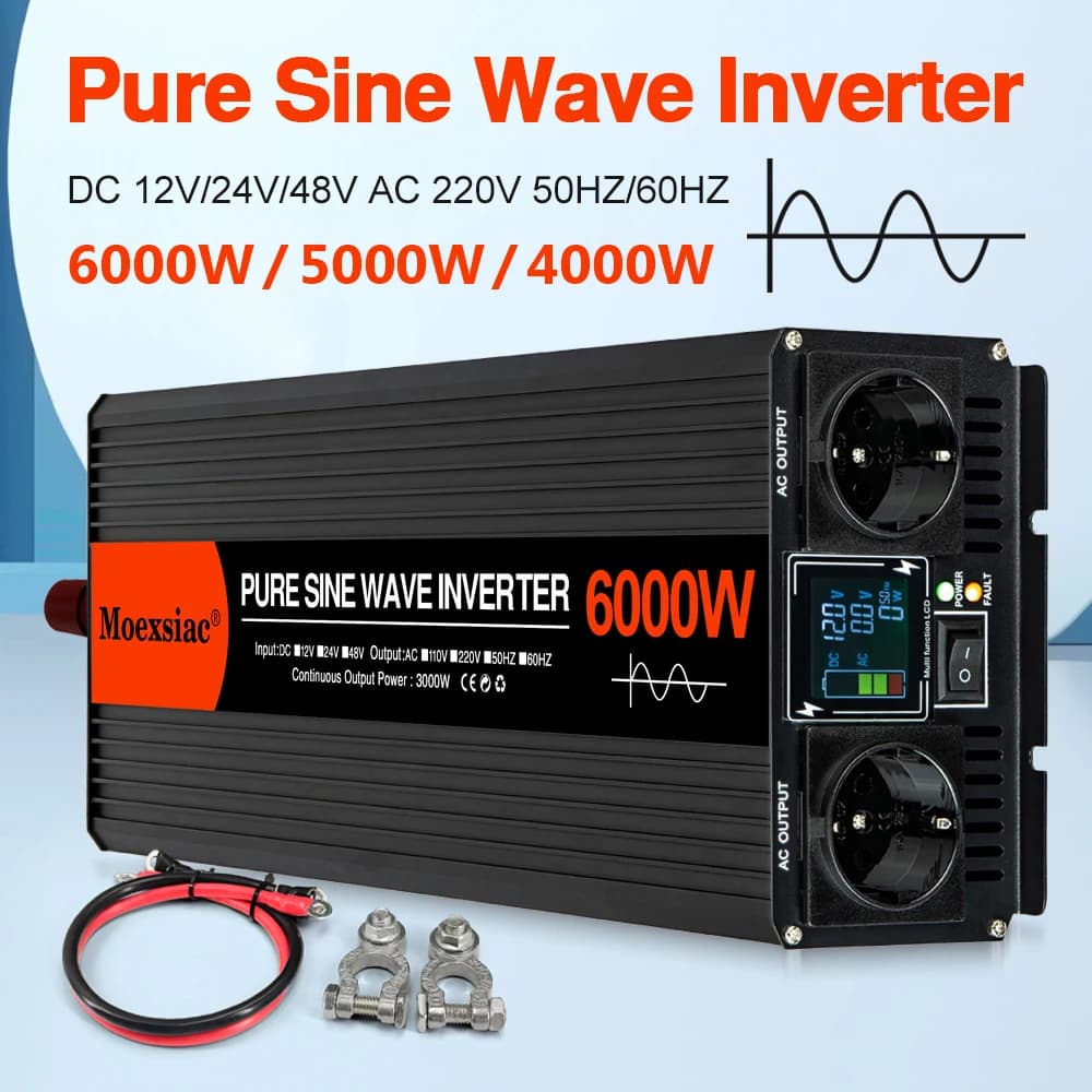 Convertisseurs de tension Moexsiac à onde sinusoïdale pure pour onduleurs solaires 4000W 5000W 6000W, double prise EU, DC 12V 24V 48V vers AC 220V