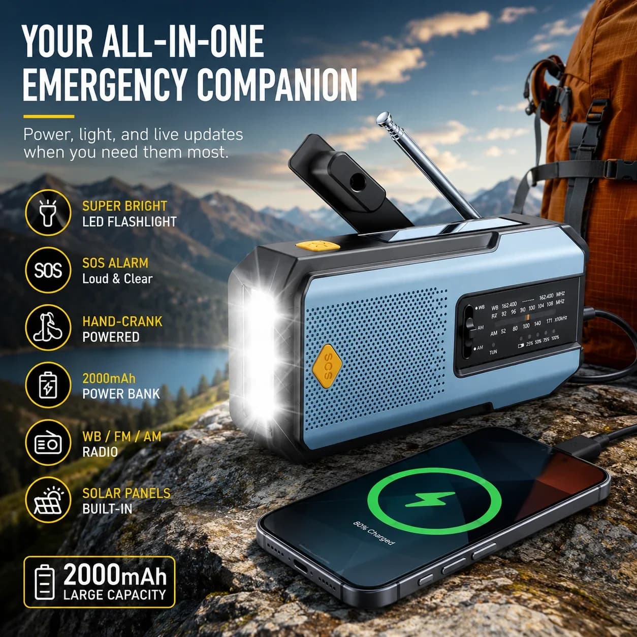 Radio météo d'urgence multifonctionnelle, FM AM WB, manivelle, charge USB solaire, batterie externe 2000mAh, lampe torche LED