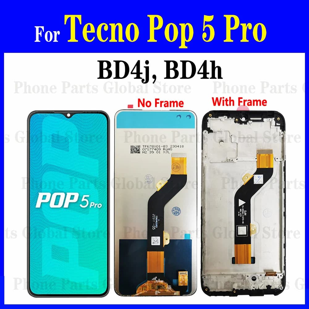 Écran LCD 6,52 pouces pour Tecno Pop 5 Pro BD4h BD4j avec cadre, capteur tactile, écran tactile numérique, assemblage d'écran Pop 5 Pro