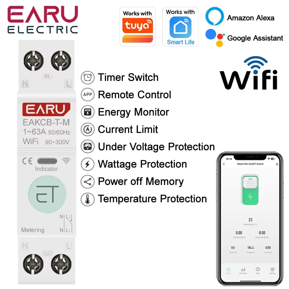 Disjoncteur intelligent WiFi Tuya EARU MCB avec minuterie 63A, compteur d'énergie kWh, mesure de tension et de courant, protection, interrupteur à