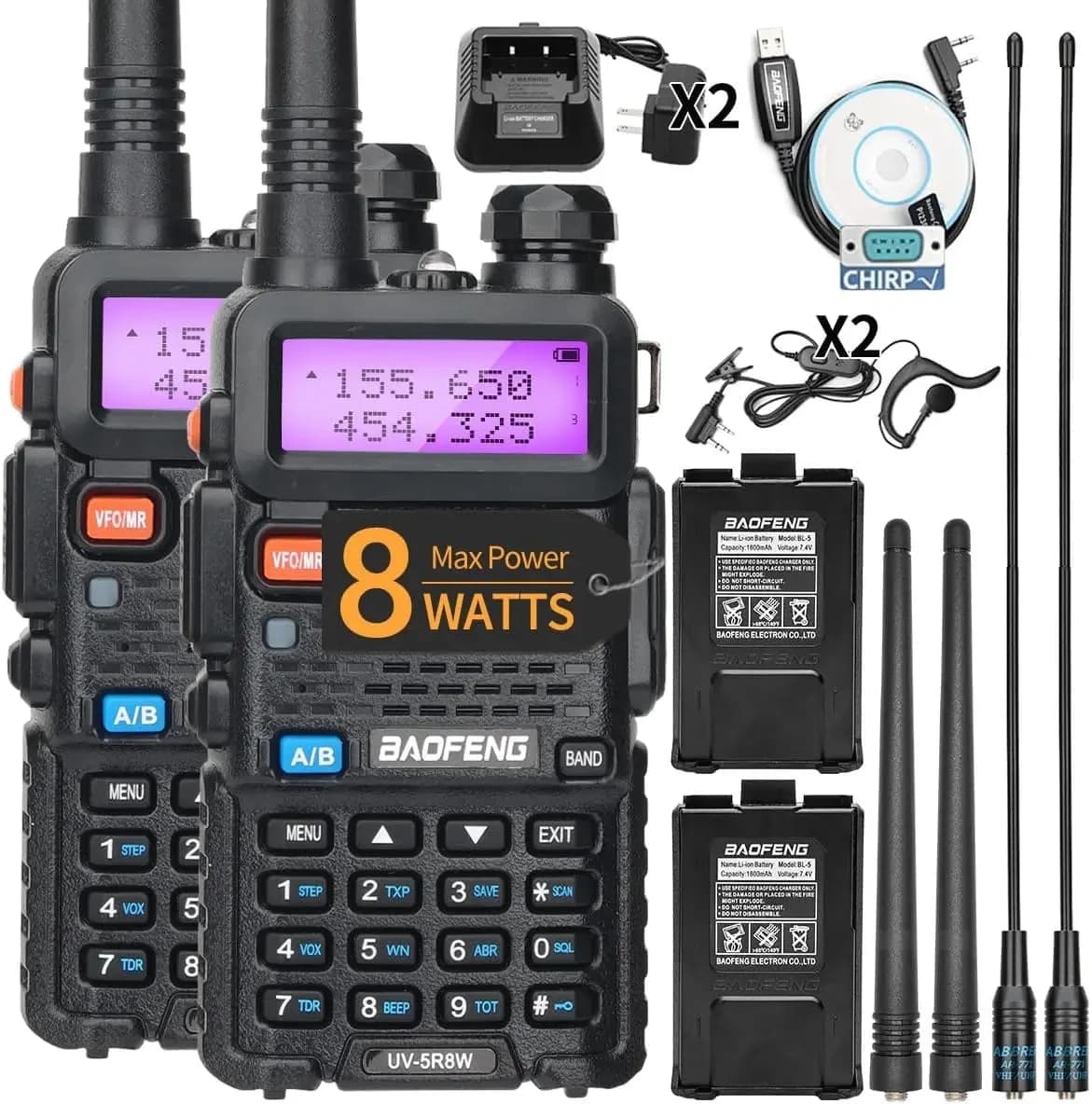 BaoFeng UV-5R 8W Tri-Power talkie-walkie haute puissance double bande longue portée 128 CH Portable UV 5R jambon Radio bidirectionnelle 1/2 pièces