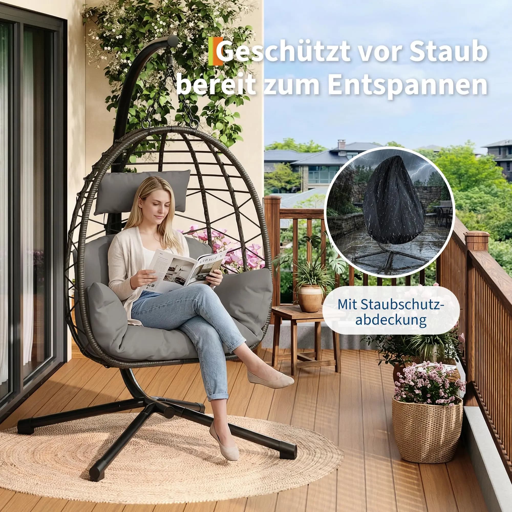 Fauteuil suspendu en forme d'œuf avec support, coussin imperméable et appui-tête, hamac lounge avec housse de protection contre la pluie pour