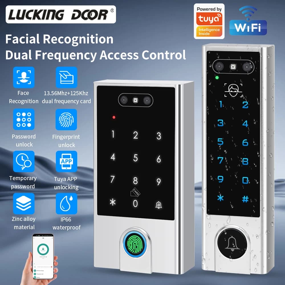 Contrôle d'accès étanche IP66 avec reconnaissance faciale, application Tuya, WIFI, ID+IC, mot de passe, empreinte digitale, double fréquence et WG