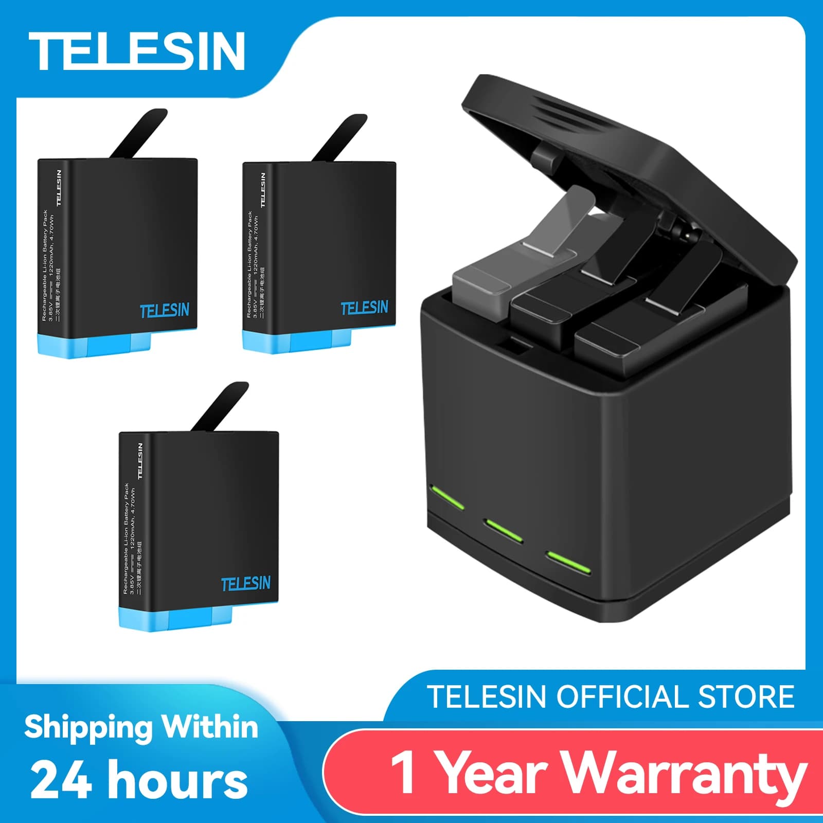 TELESIN – lot de 3 batteries 1220mAh, boîte de rangement, chargeur de batterie à 3 fentes avec lumière LED, câble de Type C pour GoPro Hero 5 6