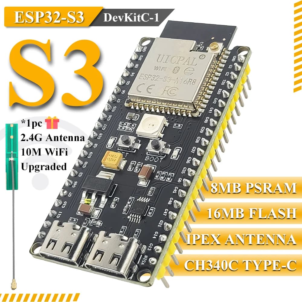 Carte de développement ESP32-S3-DevKitC-1, Module Wifi BT 2.4G pour Arduino 8 mo PSRAM 16 mo FLASH N16R8 42 broches CH340C type-c ESP32 S3