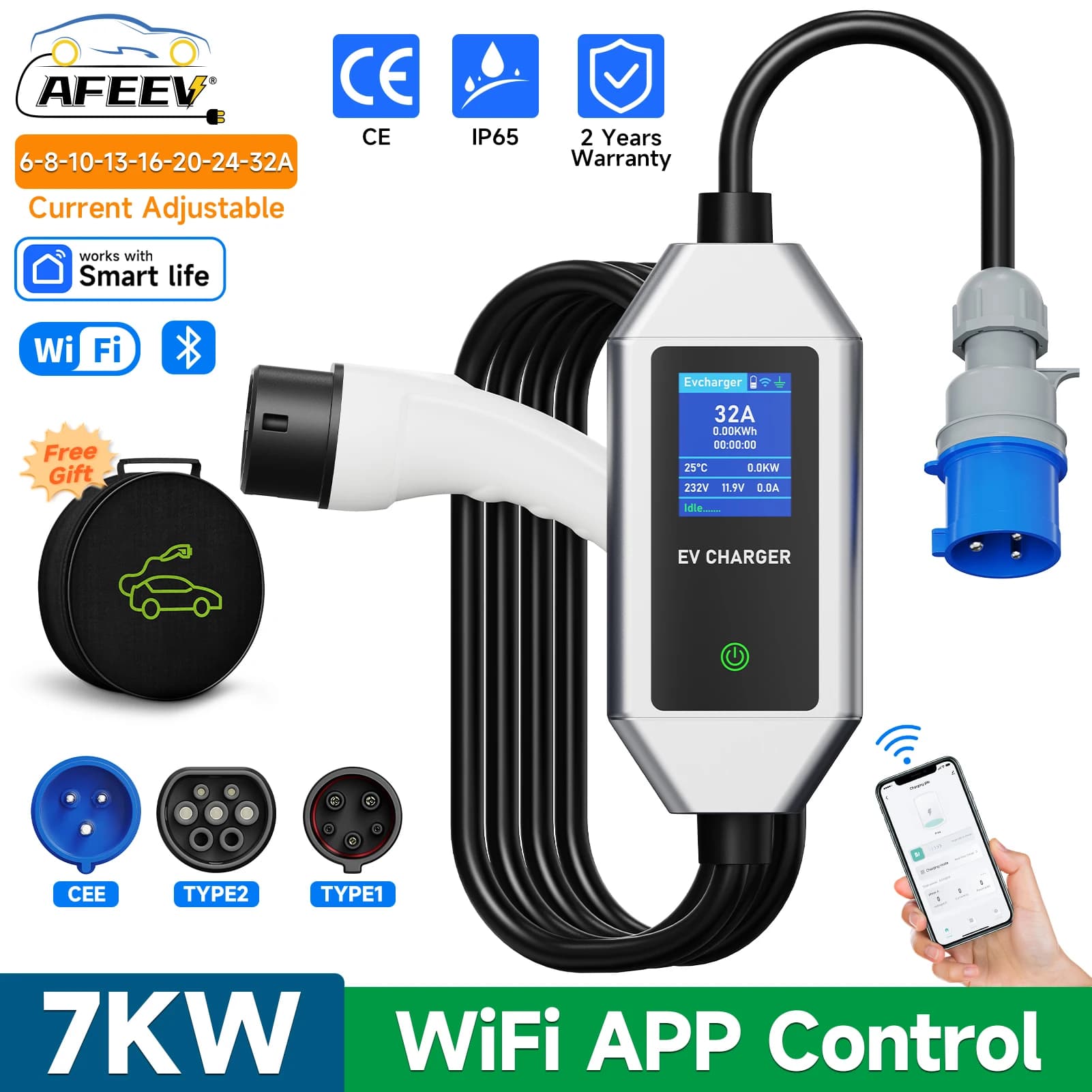 AFEEV 7KW 32A 1 phase chargeur EV Portable avec contrôle WiFi APP Type2/Type1 chargeur de voiture électrique Wallbox EVSE câble de charge rapide