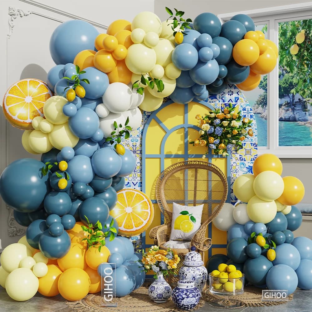 Kit d'arc de ballons bleu citron jaune poussiéreux, 121 pièces, ballon en aluminium de citron, décor de fête prénatale, réception nuptiale,