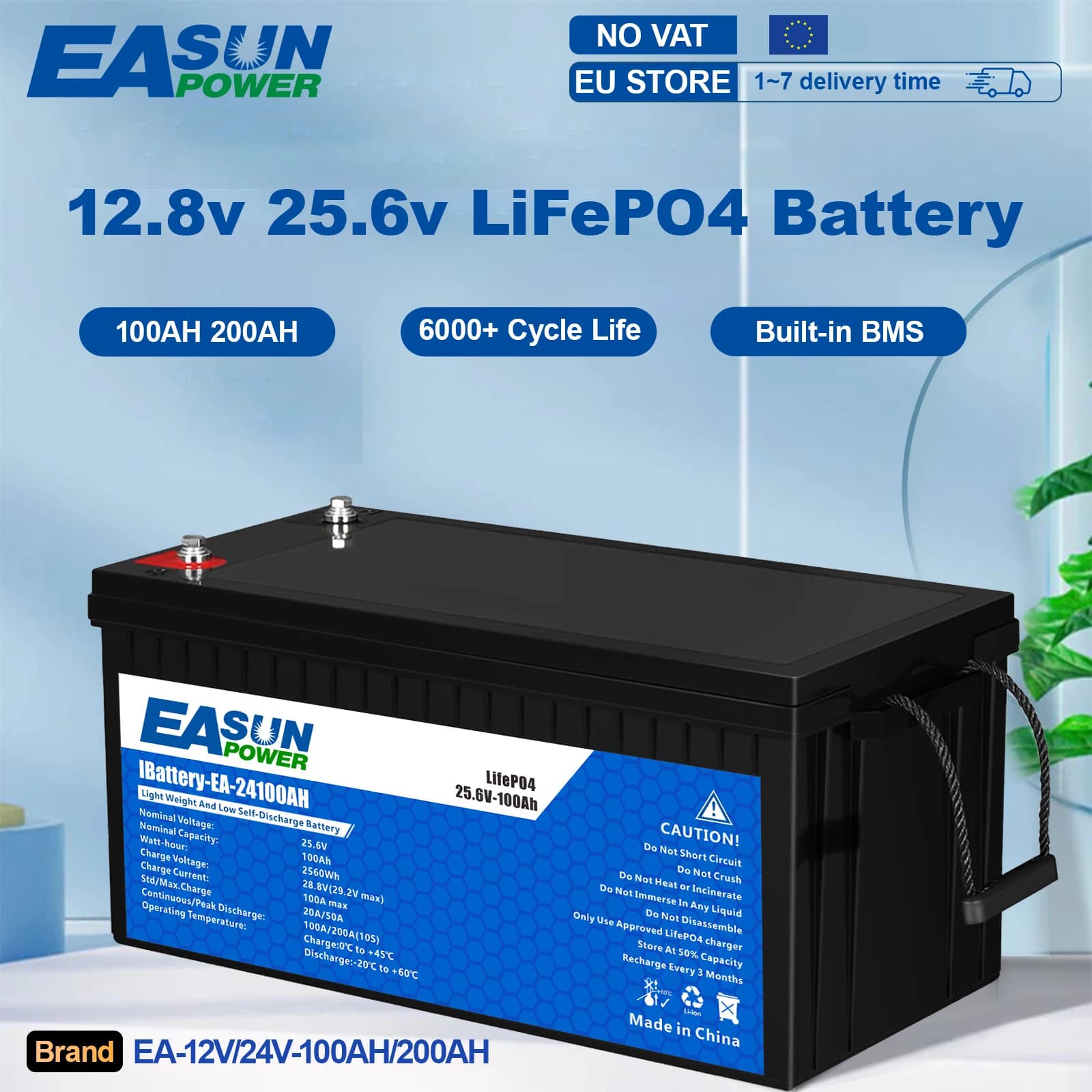 Batterie LiFePO4 EASUN 12V 24V 100Ah 300Ah au phosphate de fer et de lithium avec BMS intégré, 6000+ cycles, pour onduleur solaire VR, sans taxe