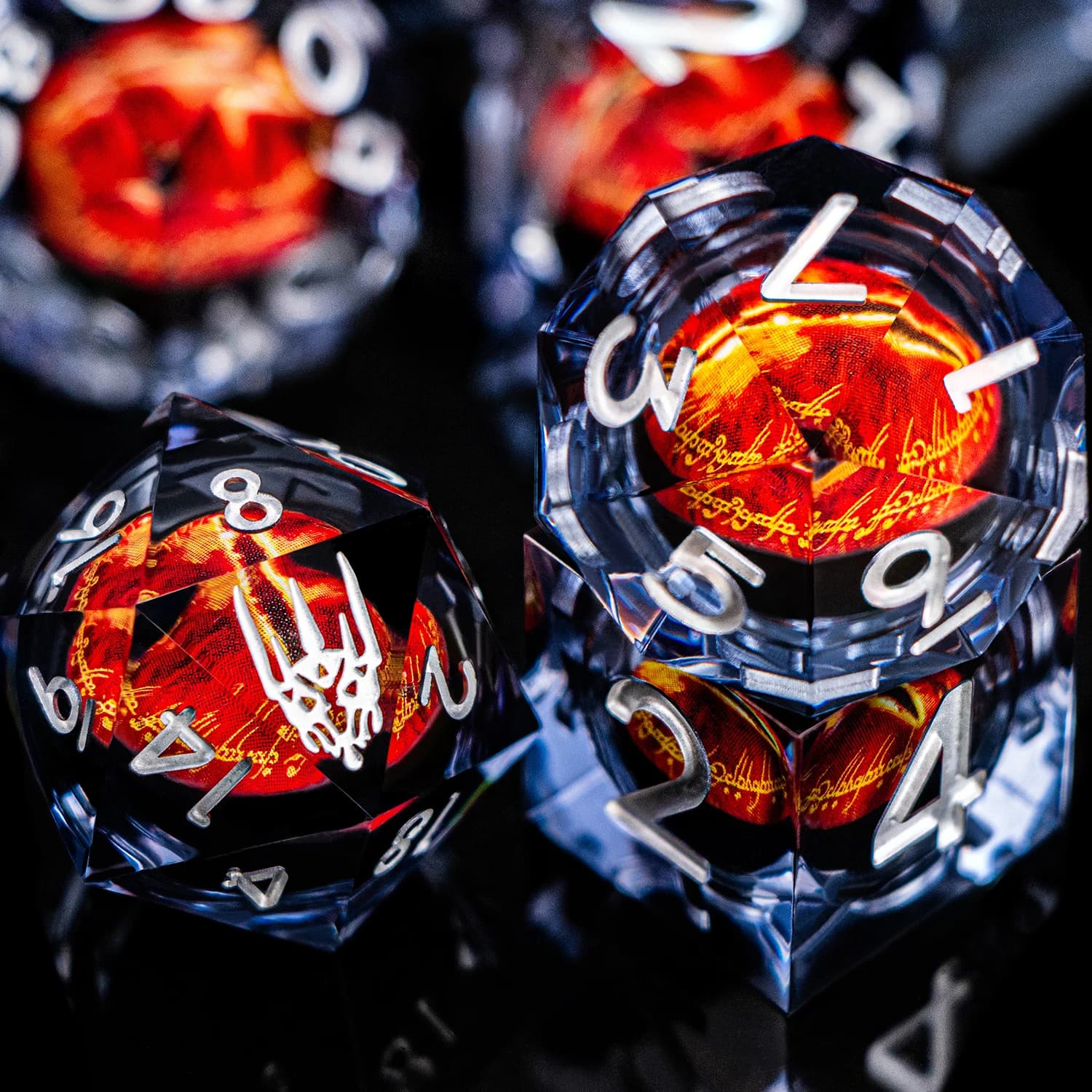 Ensemble de dés en résine D20 Eye of Sauron de Liquid Flow Core, jeu de rôle D&D, Donjons et Dragons, dés à bords tranchants noirs