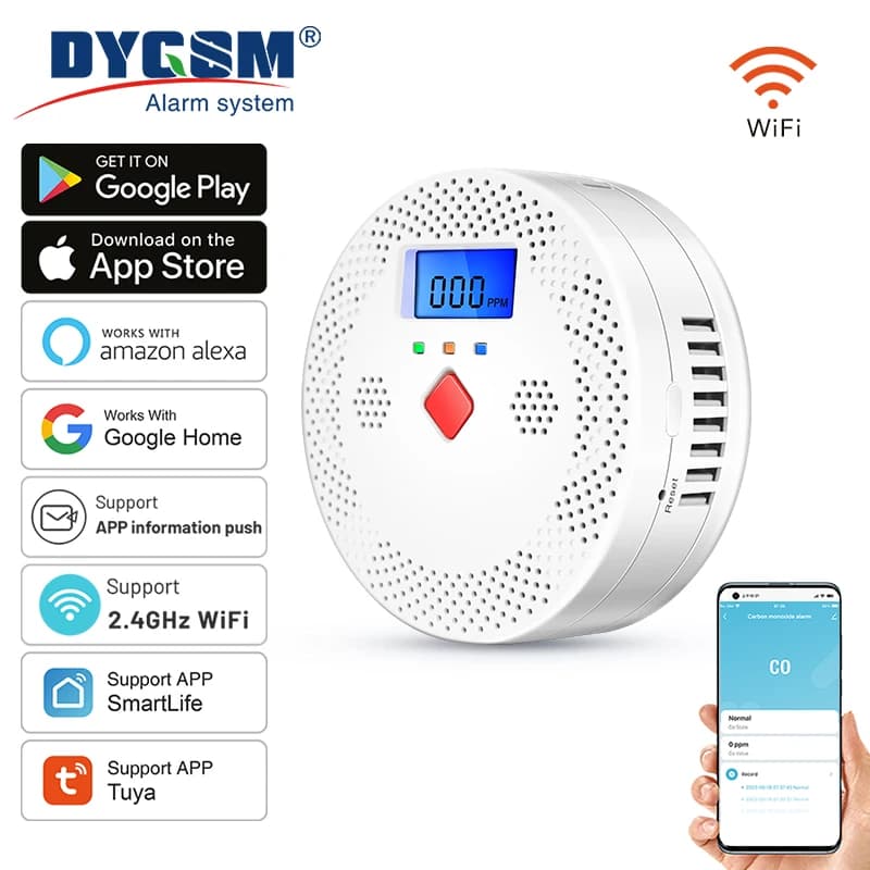 Détecteur de monoxyde de carbone intelligent Tuya, alarme Wi-Fi, son d'iode 85dB, affichage numérique LCD, moniteur de CO en temps réel pour la