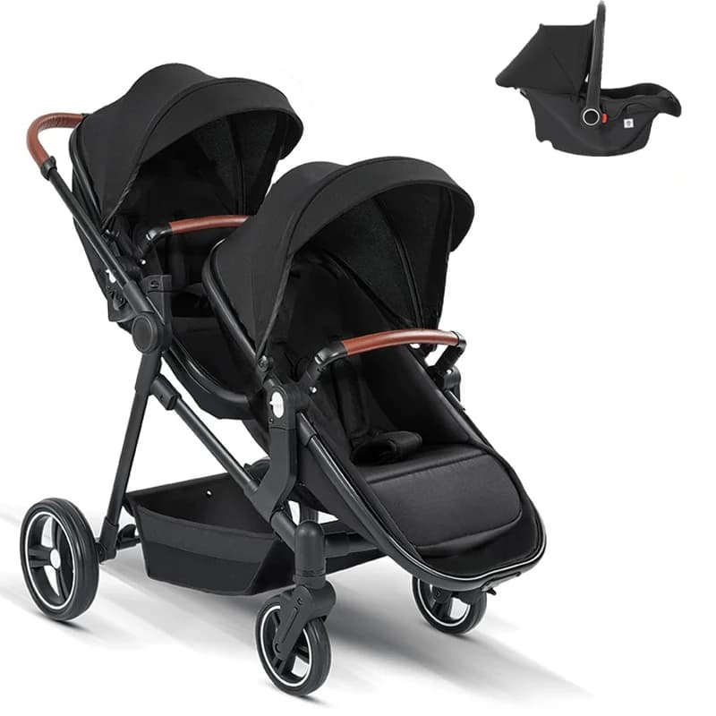 Poussette double 3 en 1 avec sièges auto. Peut être transporté à bord d'un avion. Peut être démonté en poussette légère pour bébé