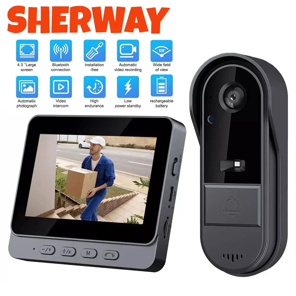 Sonnette Wi-Fi sans fil avec caméra, interphone vidéo 1080P, étanche, écran IPS 4,3 ", sonnette de porte de sécurité à domicile, vision
