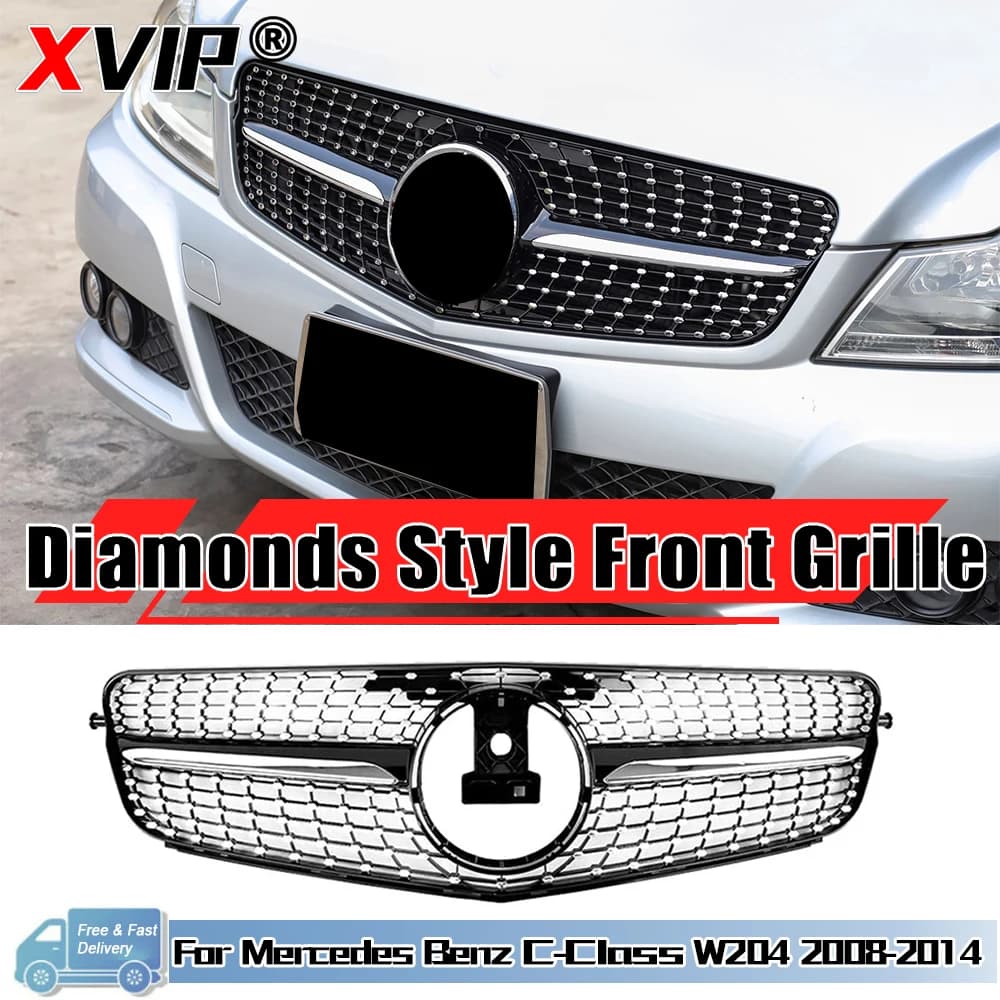 XVIP-Calandre de Pare-Choc Avant Chromée Style Diamants, Noire, pour Mercedes Benz Classe C W204 2008-2014 C180 C200 C280, Style GTR
