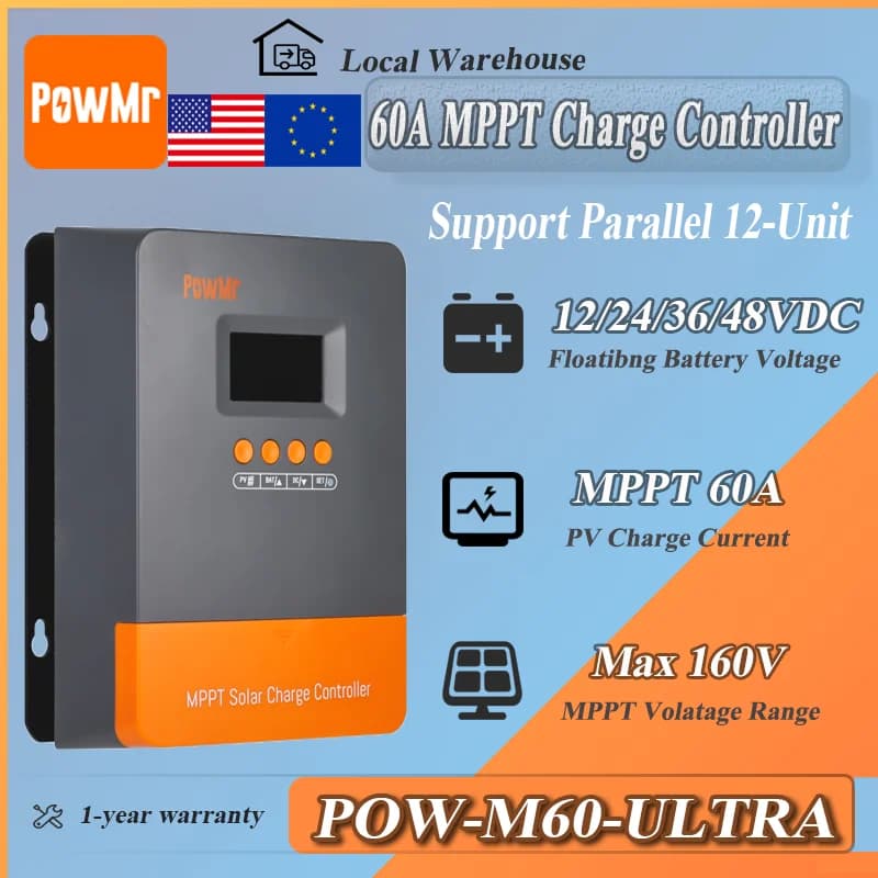 Contrôleur de charge solaire MPPT PowMr EU Store 60A PV160V Auto 12V 24V 36V 48V, prend en charge jusqu'à 12 parallèles pour système solaire