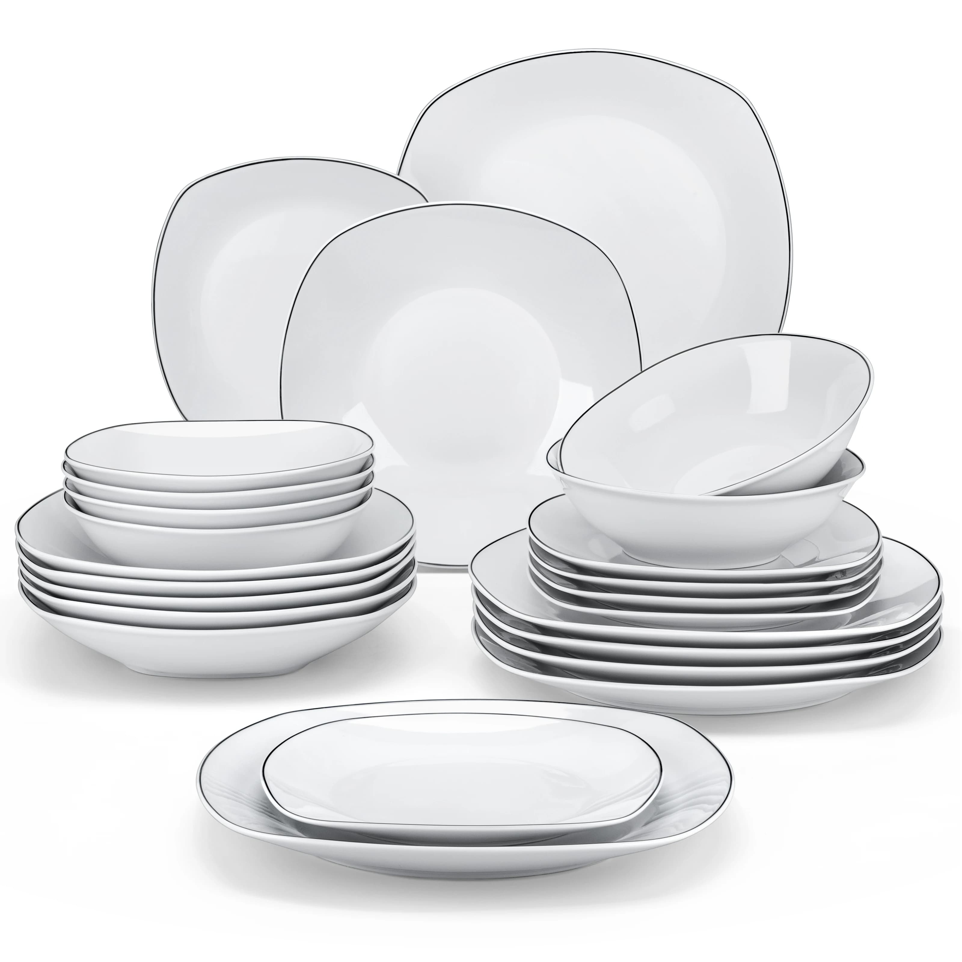 MALACASA 24/48 pièces assiettes en porcelaine ensembles bord noir avec 6/12 pièces assiettes à soupe service de vaisselle pour 12/24 personnes