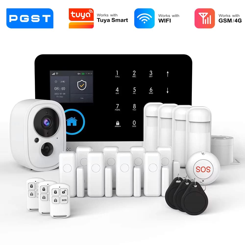 PGST kit sécurité alarme anti intrusion WiFi 4G 2G GSM Works with Tuya Smart Life système sans fil connecté pour maison commerce surveillance