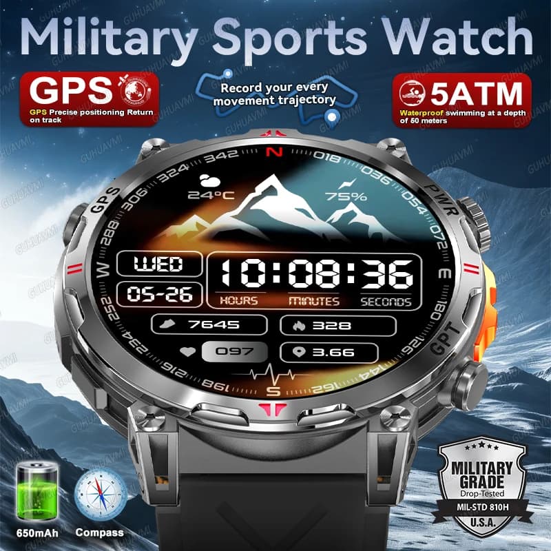 Nouvelle montre connectée GPS pour sports de plein air pour hommes avec boussole de natation 5ATM, altimètre, écran AMOLED 1,56 pouces, fréquence